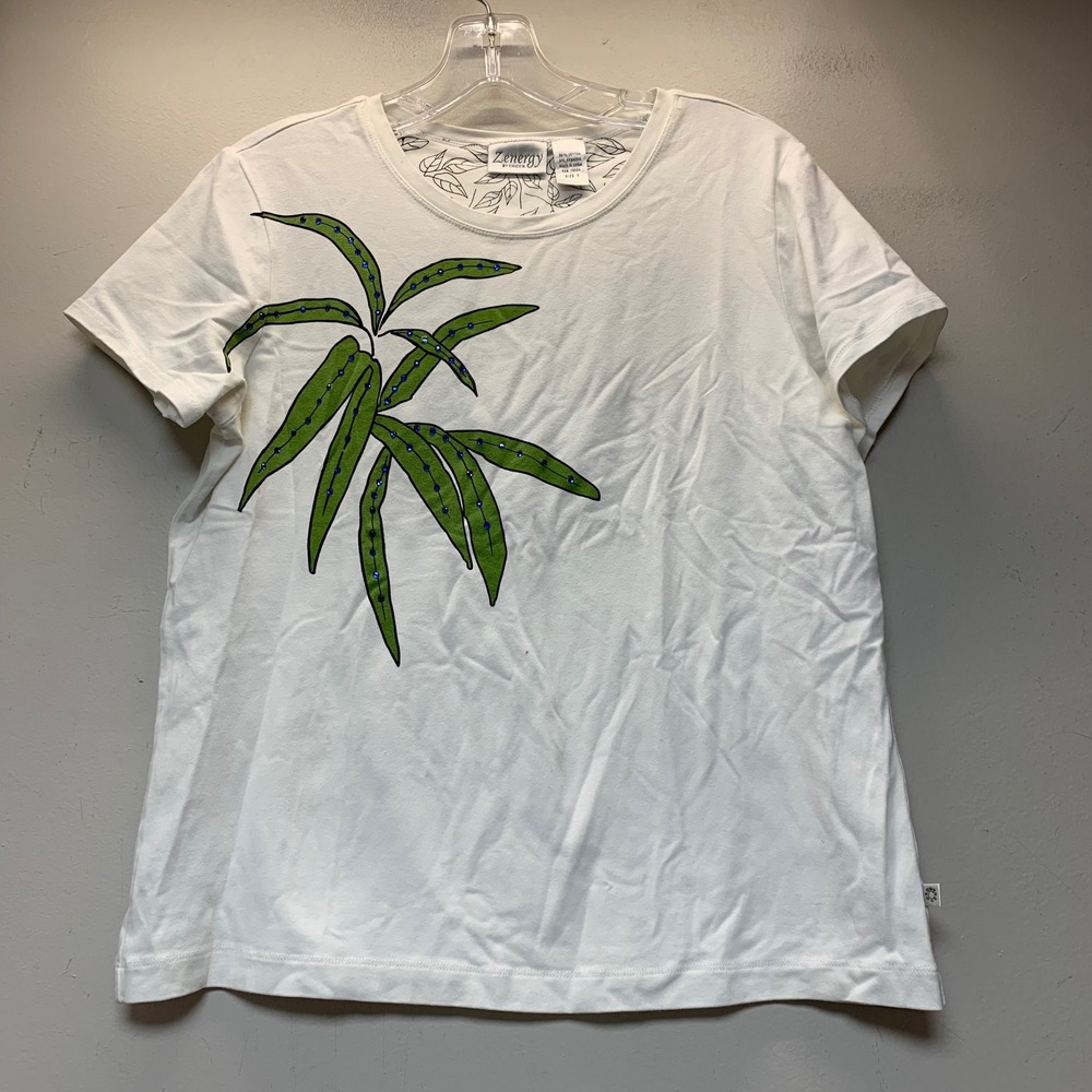 Zenergy by Chico's T-Shirt Womens 1 Small White Excellent Beaded Bamboo Leaf
